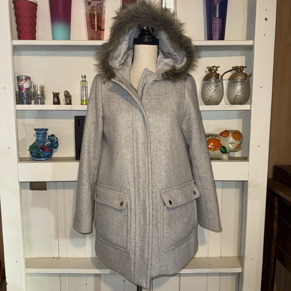 J. Crew Light Grey Wool Blend Faux Fur Hood Full Zip Coat‎ Women's Size 6